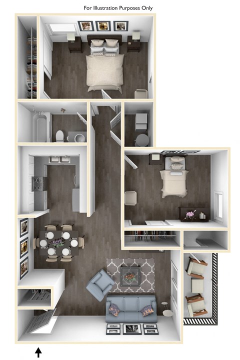 Floor plan for 2 beds, 1 bath, 840 sqft